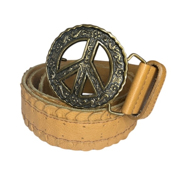 Vintage Y2K Lucky Brand Tan Leather Peace Sign Buckle Hippie Belt L - Picture 2 of 6